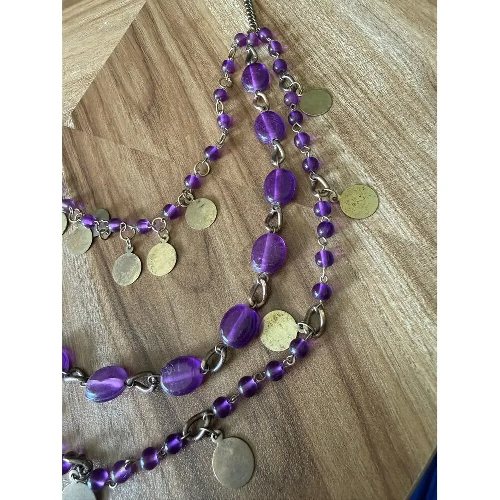 Vintage Multi-Layered Purple Beads Small Gold-Colored Disc & Chain Necklace